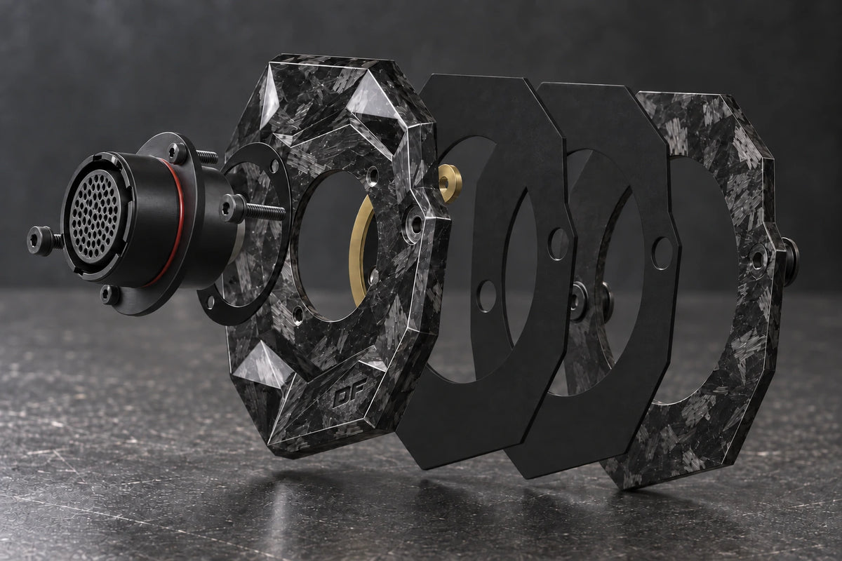 Large Exploded Dorifab single right forged carbon bulkhead plate showing connectors, gaskets and backing frame.