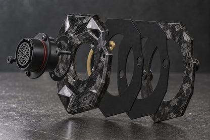 Large Exploded Dorifab single right forged carbon bulkhead plate showing connectors, gaskets and backing frame.