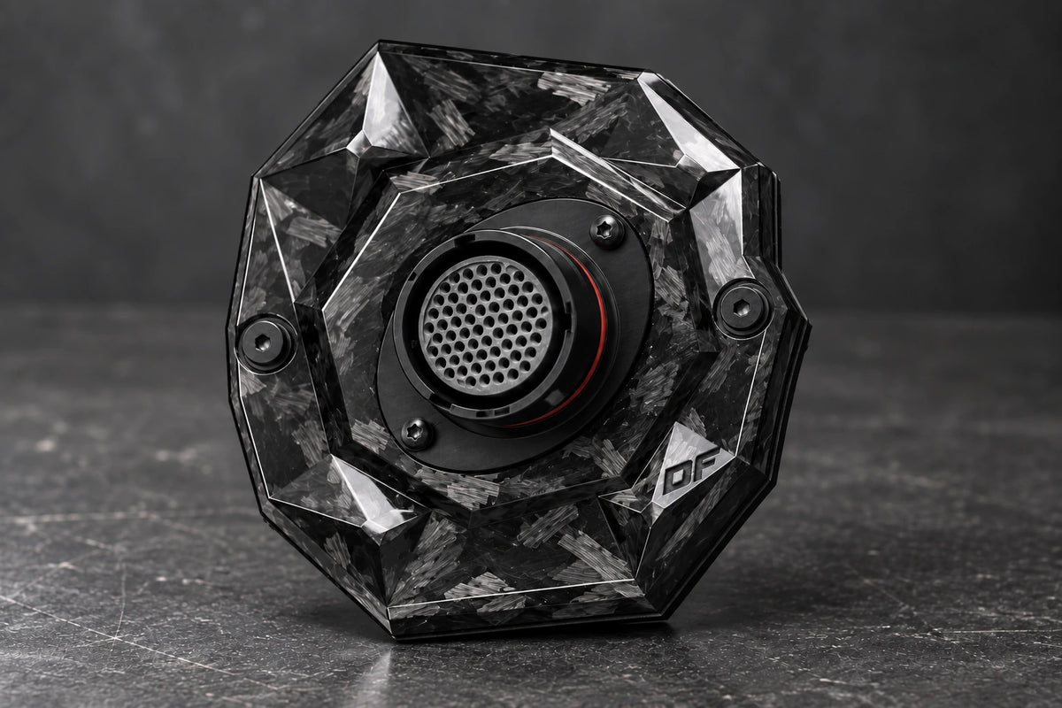 Large Dorifab single right forged carbon bulkhead plate with autosport connector fitment, three-quarter view.
