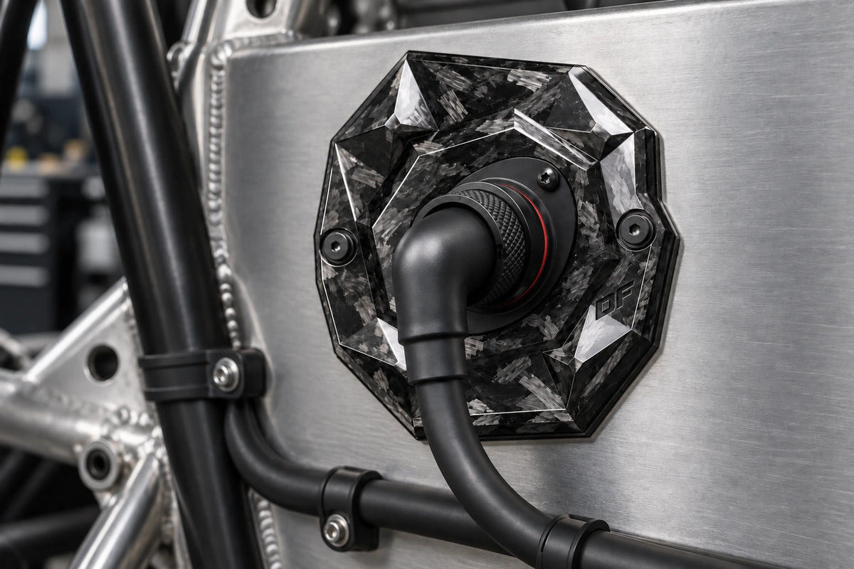 Large Dorifab single right forged carbon bulkhead plate installed on a motorsport firewall with a booted DR25 loom.