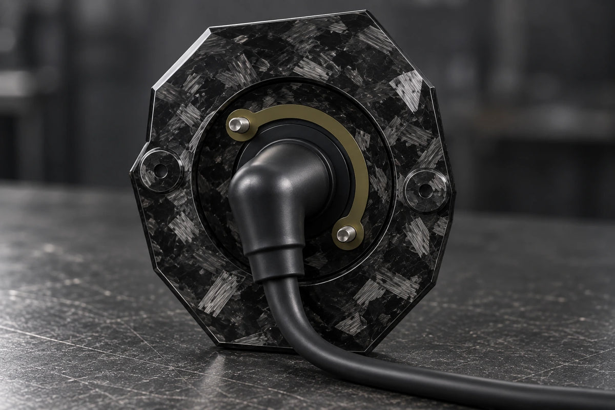 Large Dorifab single right forged carbon bulkhead plate, rear view with nutplates, 90-degree boots and smooth DR25 looms.