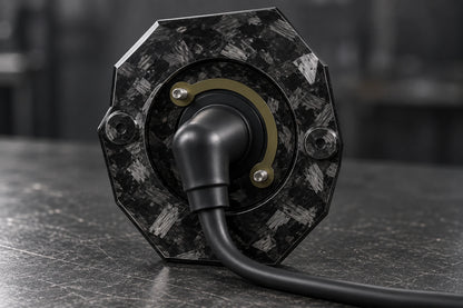 Large Dorifab single right forged carbon bulkhead plate, rear view with nutplates, 90-degree boots and smooth DR25 looms.