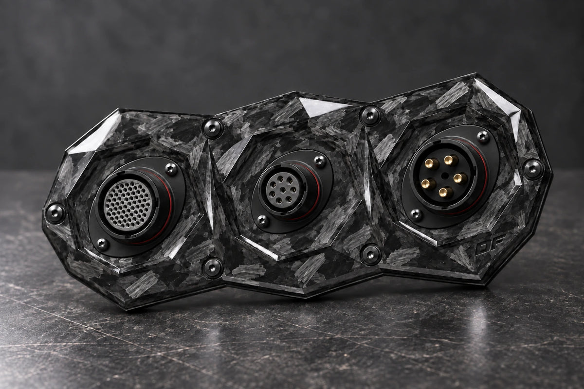 Large Dorifab triple forged carbon bulkhead plate with large-small-large connector shells and varied contact layouts.