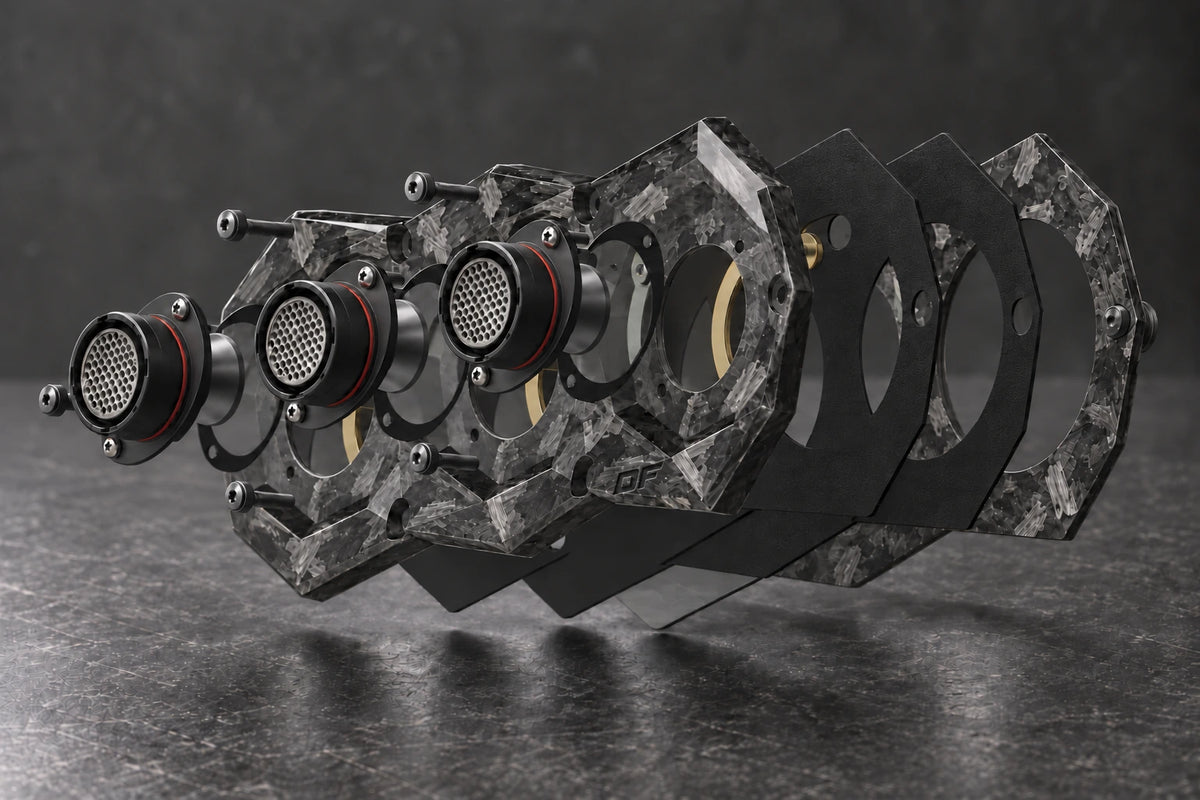 Large Exploded Dorifab triple forged carbon bulkhead plate showing connectors, gaskets and backing frame.
