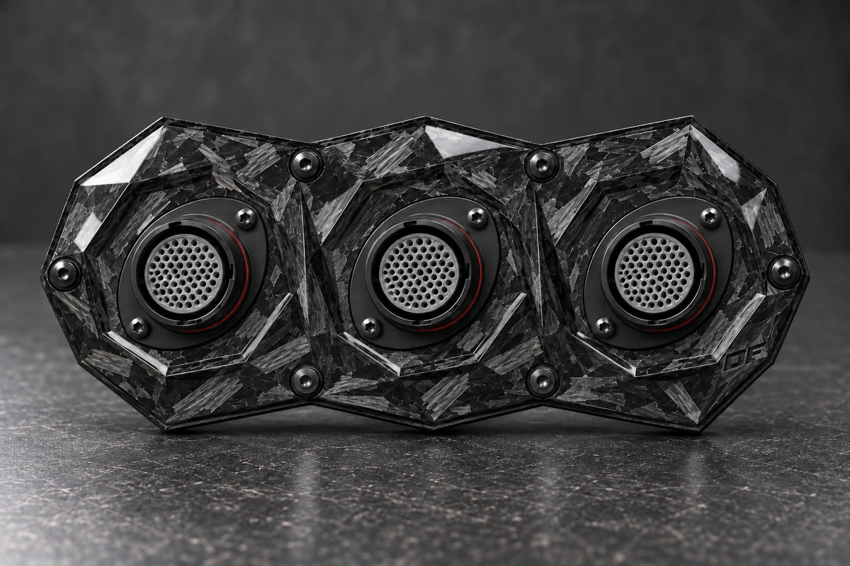 Large Dorifab triple forged carbon bulkhead plate, front view showing oval connector flanges and diagonal fixings.
