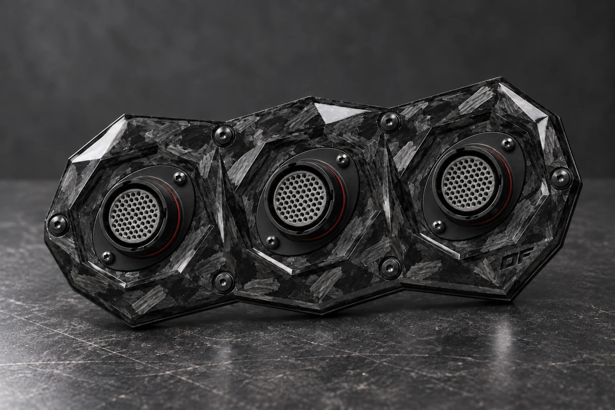 Large Dorifab triple forged carbon bulkhead plate with autosport connector fitment, three-quarter view.