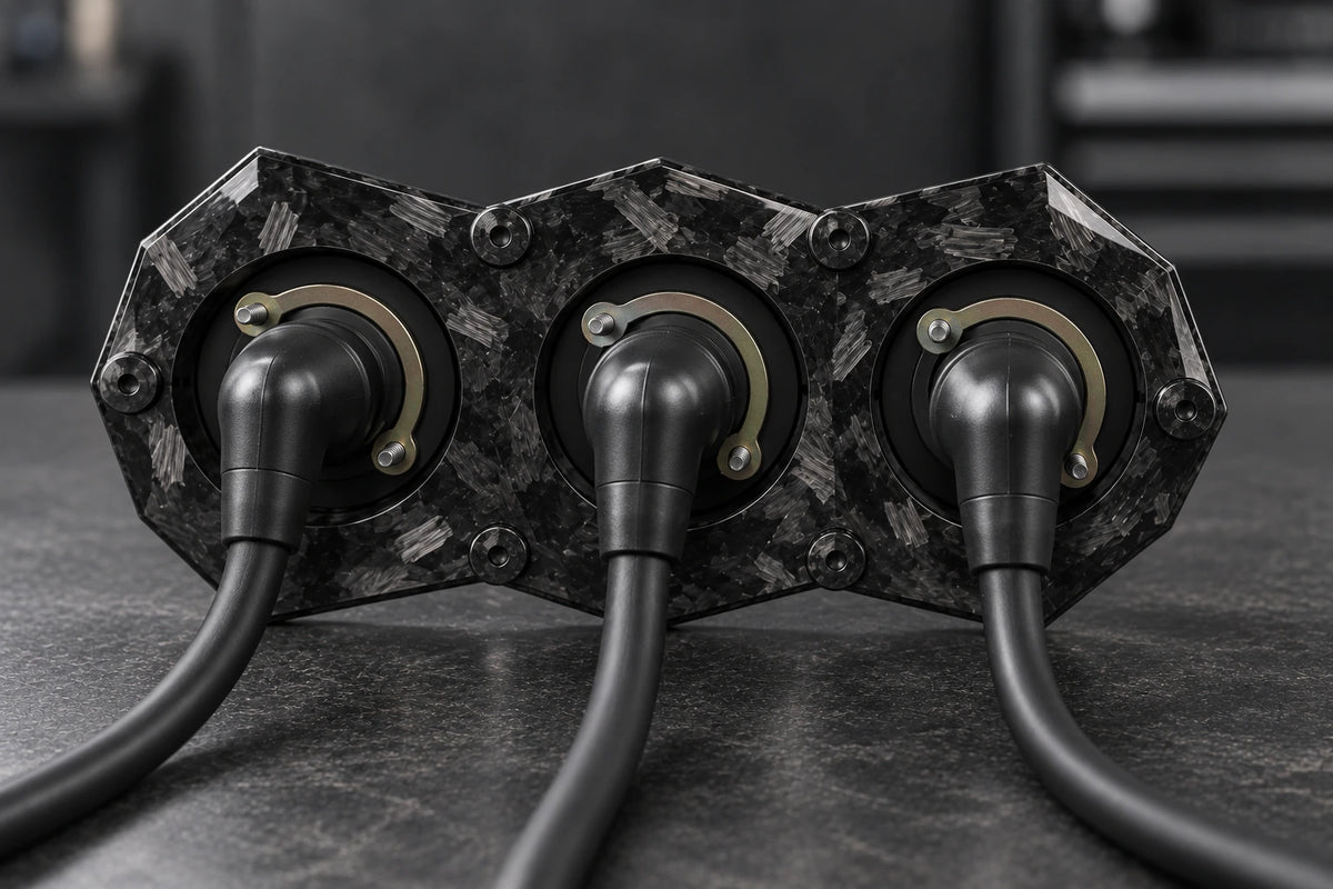 Large Dorifab triple forged carbon bulkhead plate, rear view with nutplates, 90-degree boots and smooth DR25 looms.