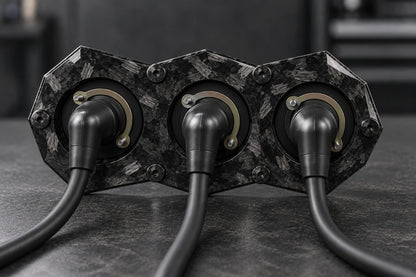 Large Dorifab triple forged carbon bulkhead plate, rear view with nutplates, 90-degree boots and smooth DR25 looms.