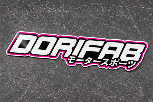 Dorifab Wordmark laminated die-cut sticker in magenta with a white border