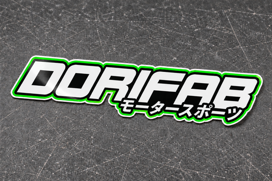 Dorifab Wordmark laminated die-cut sticker in neon green with a white border